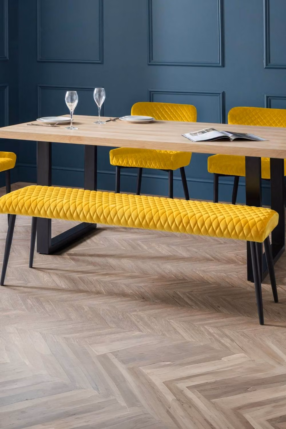 Julian Bowen Luxe Diamond Quilted Upholstered 2 Seater Backless Dining Bench in Mustard Velvet, Width: 140 cm – 3