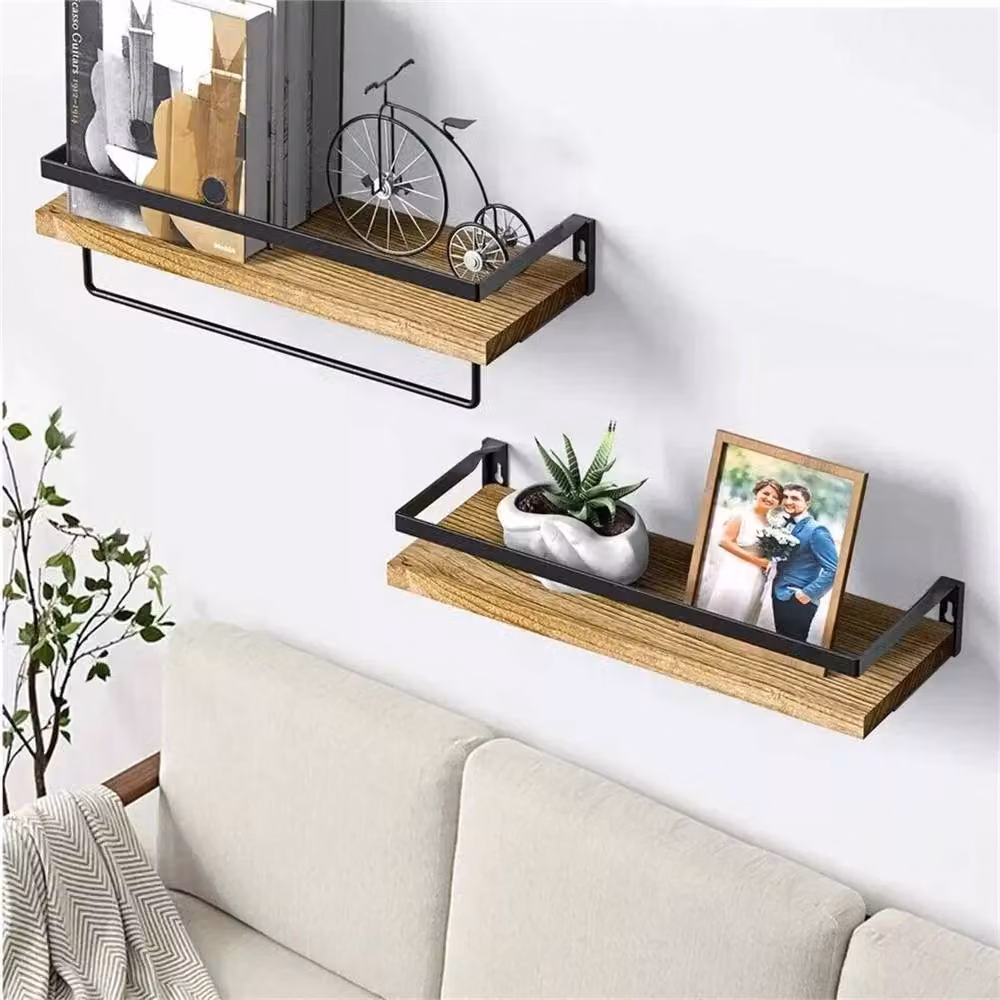 Nordara Set of 2 Rustic Brown and Black Wooden Floating Wall Shelves with Hanging Rod for Home or Office Storage – 3