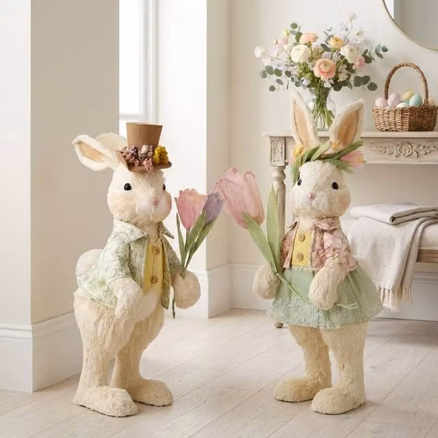 Garden Greatness Springtime Duo Decorative Bunny Figures in Beige and White