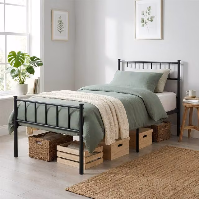 Harbour Housewares Minimalist Single Metal Bed Frame in Black, W/D/H: 90 x 190 x 36 cm