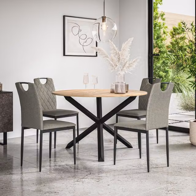 More4Homes Malvern Round Dining Table and Set of 4 Monza Fabric Chairs in Grey and Oak
