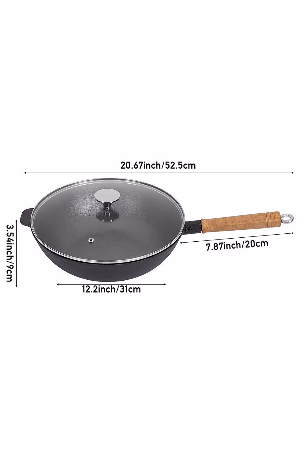 Living and Home Uncoated Cast Iron Wok with Glass Lid and Handles in Black – 4