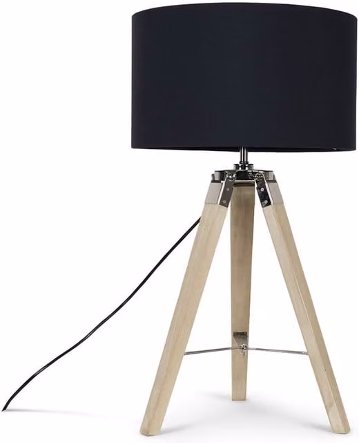 ValueLights Clipper Tripod Table Lamp with Navy Blue Fabric Cylinder Shade in Brown Wood