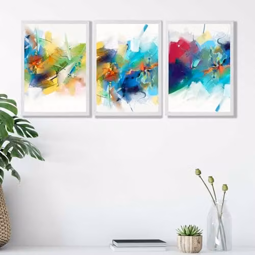 ARTZE Set of 3 Abstract Multicolour Fractal Wall Art with White Frames, W: 33 cm x H: 45 cm