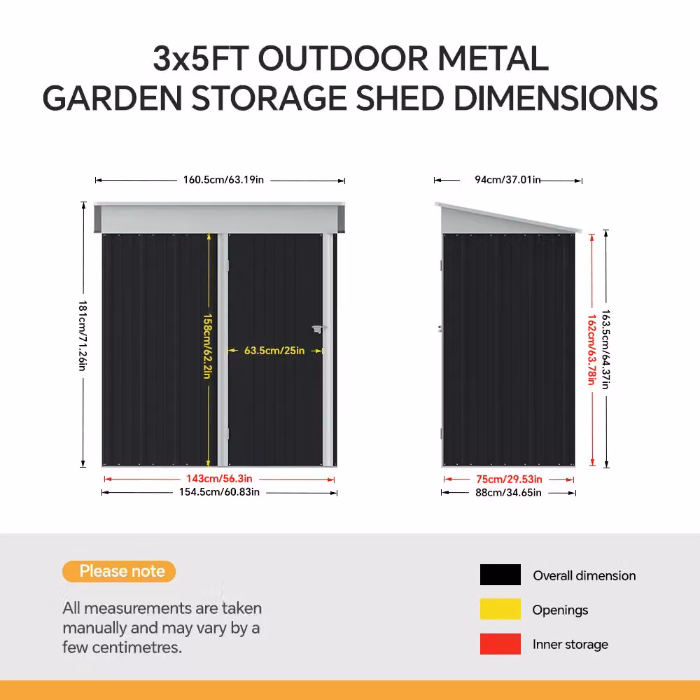 Living and Home Black Metal Pent Roof Garden Storage Shed with Lockable Single Door and Tool Shelving, W: 152.4 cm, D: 91.44 cm, H: 180 cm – 6