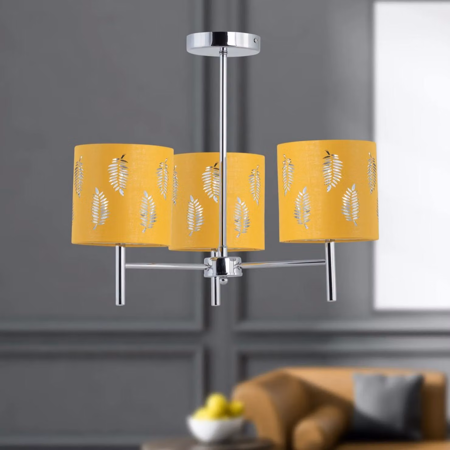 First Choice Lighting Brea Chrome 3 Light Ceiling Fitting with Ochre Fabric Shades – 3