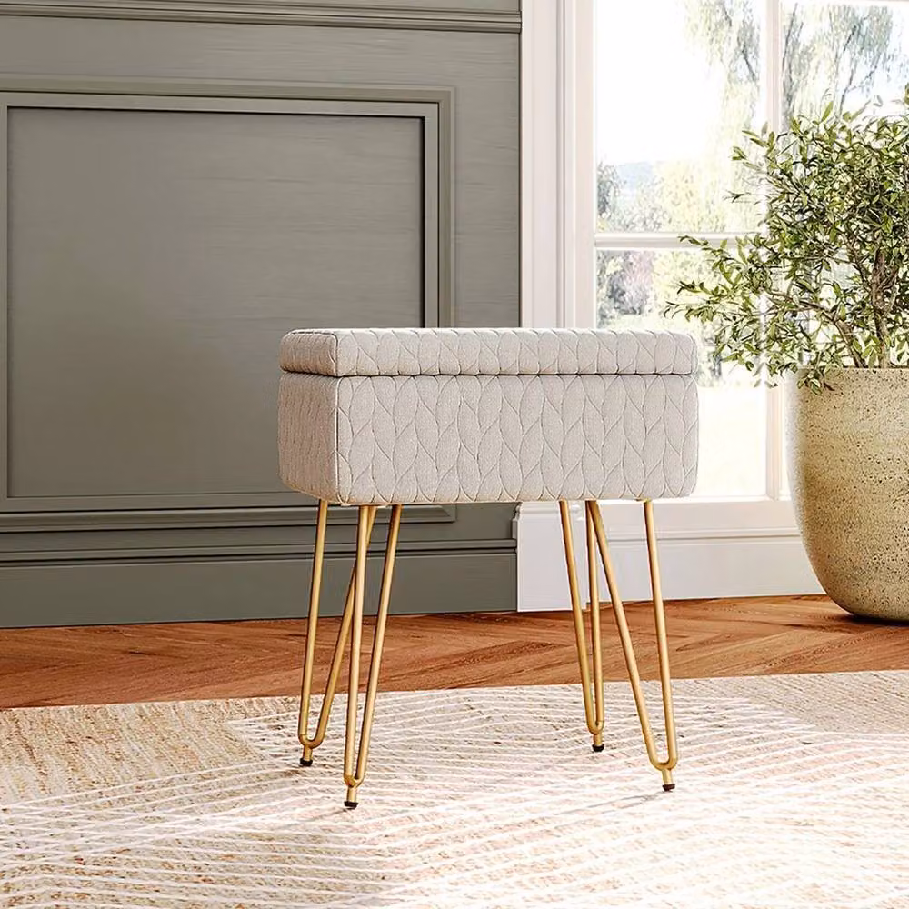 KORVIXA Beige Upholstered Storage Ottoman Pouffe Seat Stool, W/D/H: 100 x 100 x 100 cm – 2
