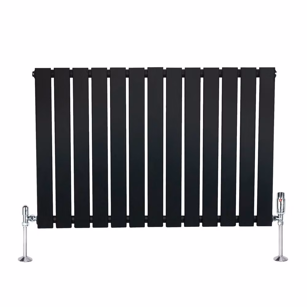 Monstershop Flat Single Column Radiator and Chrome Thermostat Valves in Matt Black Steel, H 60 cm x W 91 cm x D 6 cm – 2