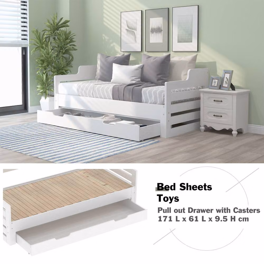 ModernLuxe Kids Single Cabin Daybed with Trundle and Storage Drawer in White, W/D/H: 240 x 90 x 182 cm – 4