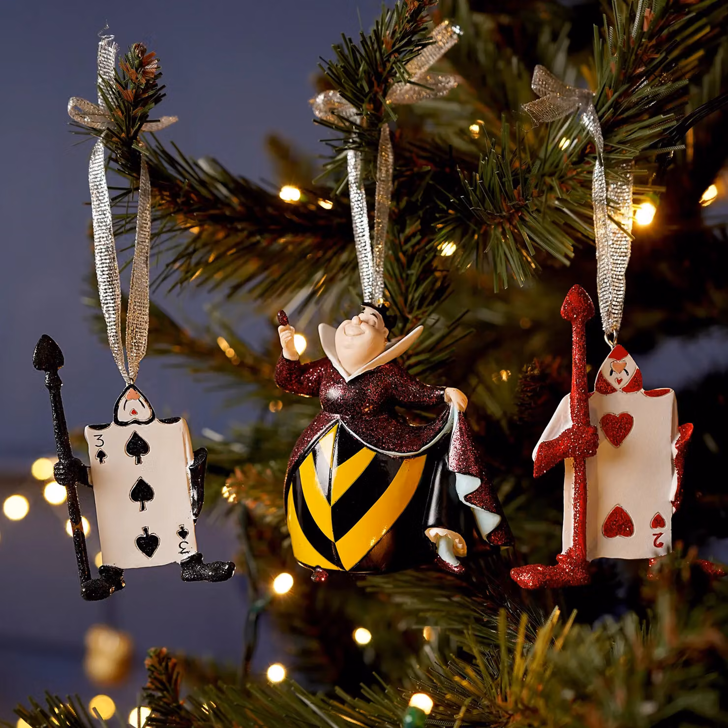 Disney Alice in Wonderland Queen of Hearts and Cards Glitter Christmas Tree Hanging Decorations, Set of 3, Red and Multicolour – 2