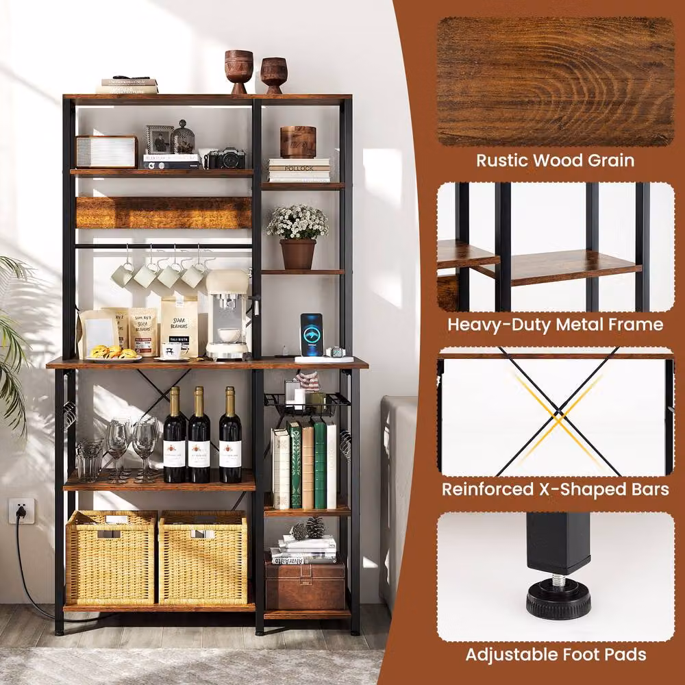 Gymax 9-Tier Metal Frame Bakers Rack and Microwave Stand with Power Outlet in Brown – 9