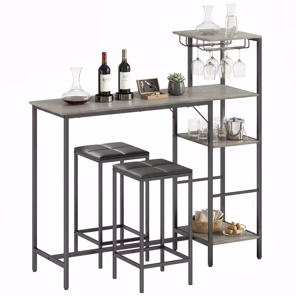 HOMCOM 3-Piece Breakfast Bar Table and Stools Set with 4-Tier Shelving in Grey – 2