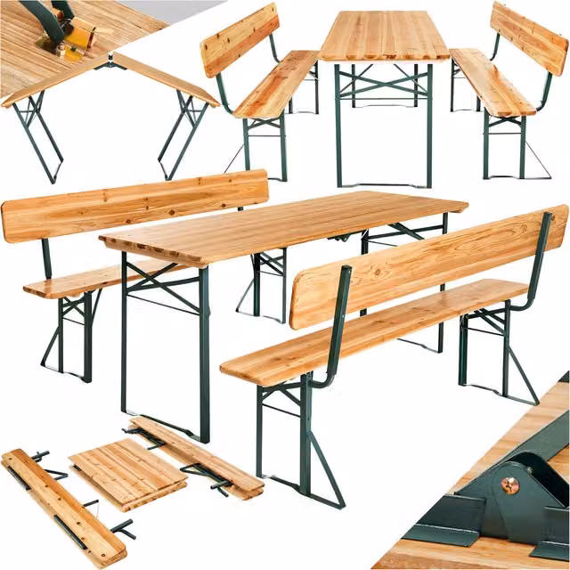 tectake Franz Foldable Picnic Table and 2 Benches with Backrests, Brown