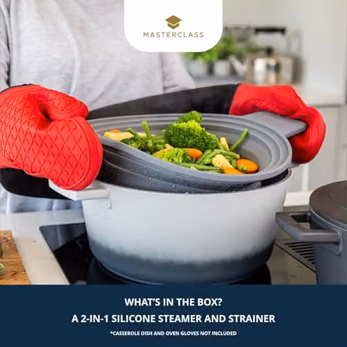 MasterClass Silicone Collapsible Two-in-One Steam Strainer and Colander with Handles, Grey – 2