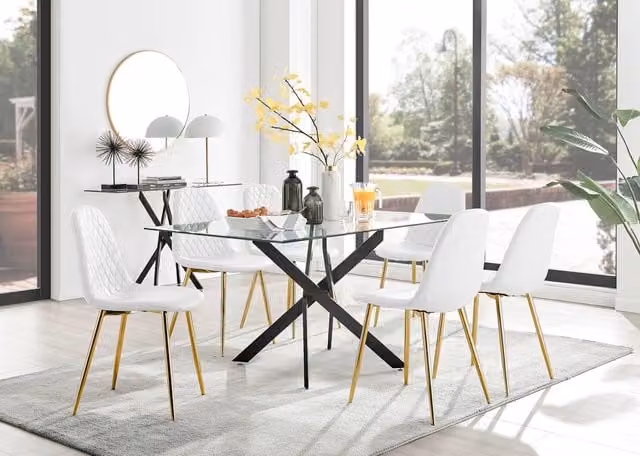 FurnitureboxUK Leonardo White Glass Dining Table with 6 Corona Gold Leg Chairs
