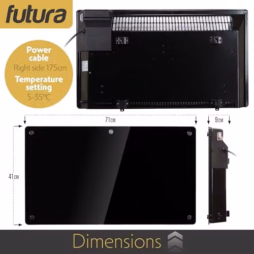 Futura 1500W Black Glass Electric Convector Panel Heater, Wall Mounted or Freestanding with Thermostat and Open Window Detection – 5