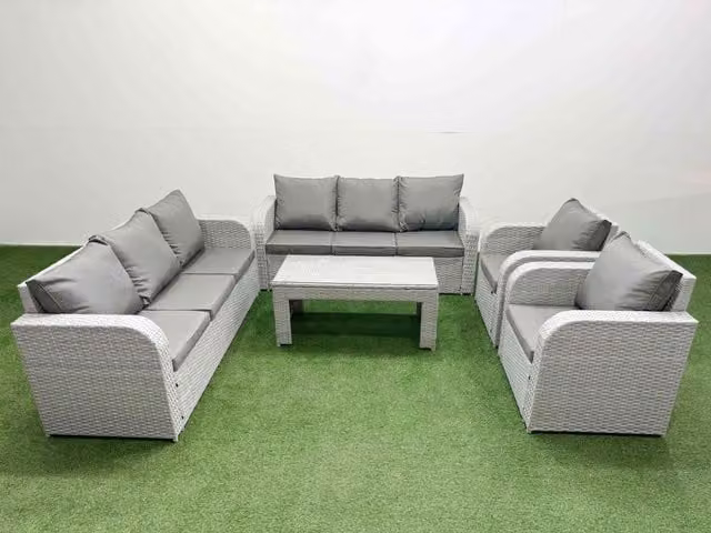 Fimous PE Rattan High Back Lounge Sofa Set in Light Grey with 3 Seater Sofa, Reclining Chair, and Oblong Coffee Table
