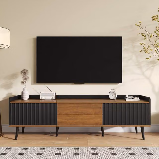 Matteo Modern Black and Natural Wood Effect TV Unit with 3 Doors