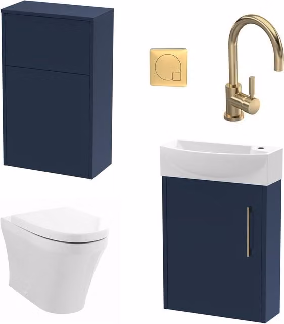 Balterley Left Hand Cloakroom Suite with Grey Vanity, WC, Tap Set and Blue Brass Details, Width: 44 cm – 1