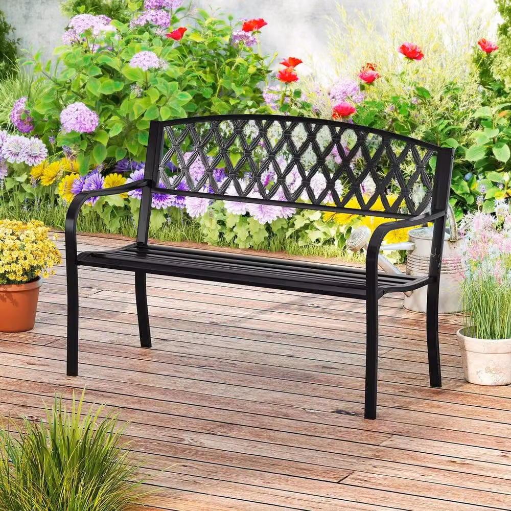 NESTLUNE 2-Seater Classic Metal Garden Bench in Black, W: 121 cm, D: 15 cm – 4