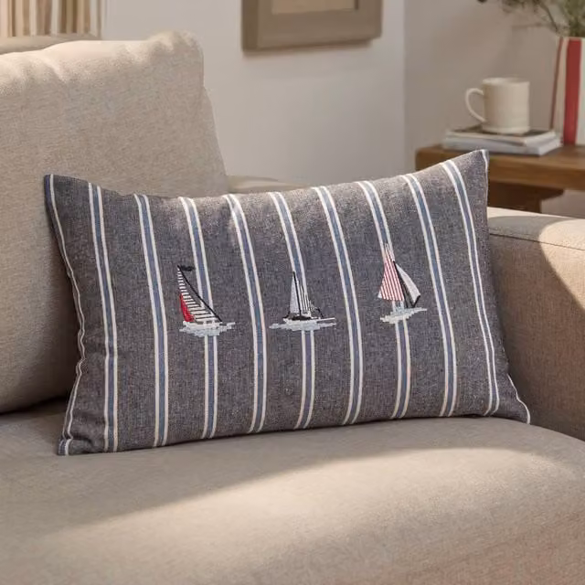 Wylder Abersoch Regatta Nautical Striped Cotton Decorative Cushion in Blue and Grey, W/D/H: 50 x 30 x 30 cm – 1