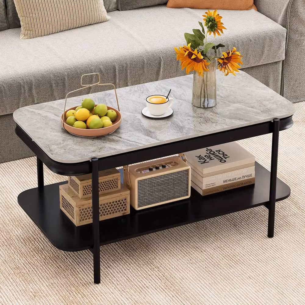 Gymax Modern Rectangular 2-Tier Coffee Table with Glossy Grey Ceramic Sintered Stone Top – 2