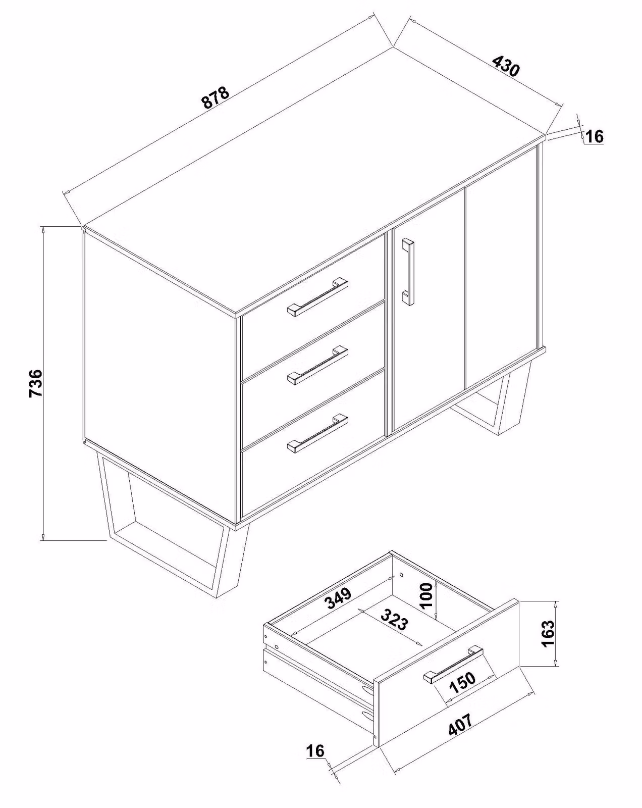 Core Products Texas Small Sideboard in Grey Waxed Pine with 1 Door and 3 Drawers, H73.6 x W90 x D43 cm – 2
