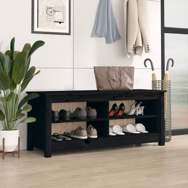 Berkfield Home Black Solid Wood Pine Shoe Bench W/D/H: 110 x 38 x 45.5 cm