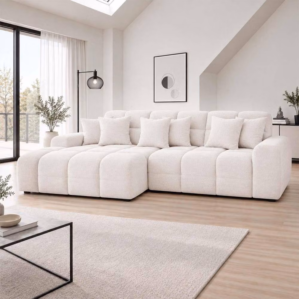 Furnishings For Less UK Jenson Natural Left Hand Facing Plush Velvet Corner Sofa with Chaise and Scatter Cushions
