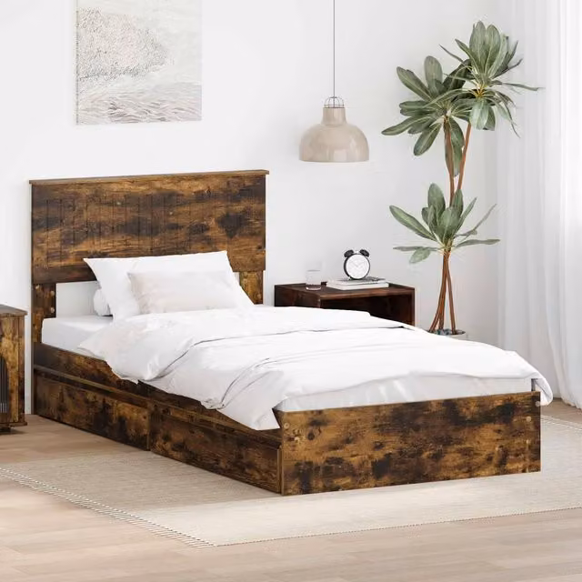 Berkfield Home Storage Bed with Drawer in Smoked Oak Brown, W/D/H: 100 x 200 cm – 1