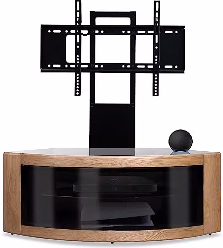 Centurion Supports PANGEA Black and Oak Beam-Thru Curved True-Corner TV Cabinet with Mounting Arm for 32-50 inch Screens W/D/H: 118 x 45 x 45 cm – 2