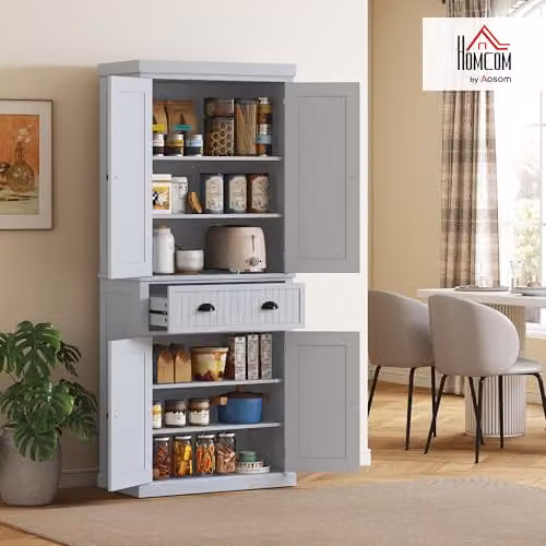 HOMCOM Grey Tall Kitchen Cupboard with 4 Doors and Internal Drawers, H 183 x W 76.2 x D 40.2 cm – 2
