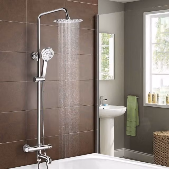 Nes Home Round Thermostatic Exposed Shower Kit with Rain Overhead Shower, Hand Shower and Bath Filler in Chrome Metallic Silver – 1