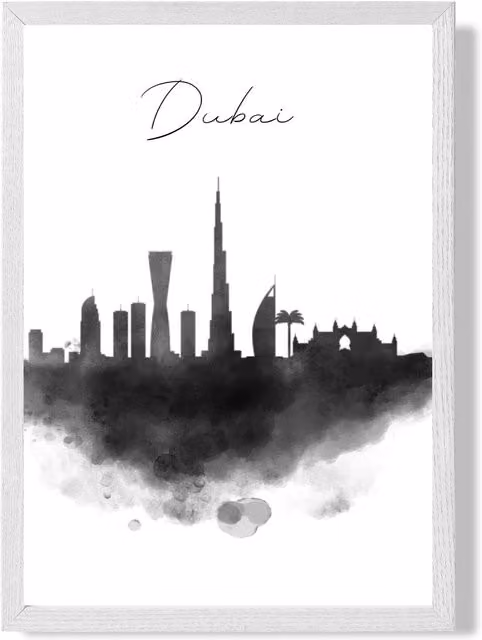 ARTZE Dubai Watercolour Skyline City Framed Print, Black and White A2 Paper Poster