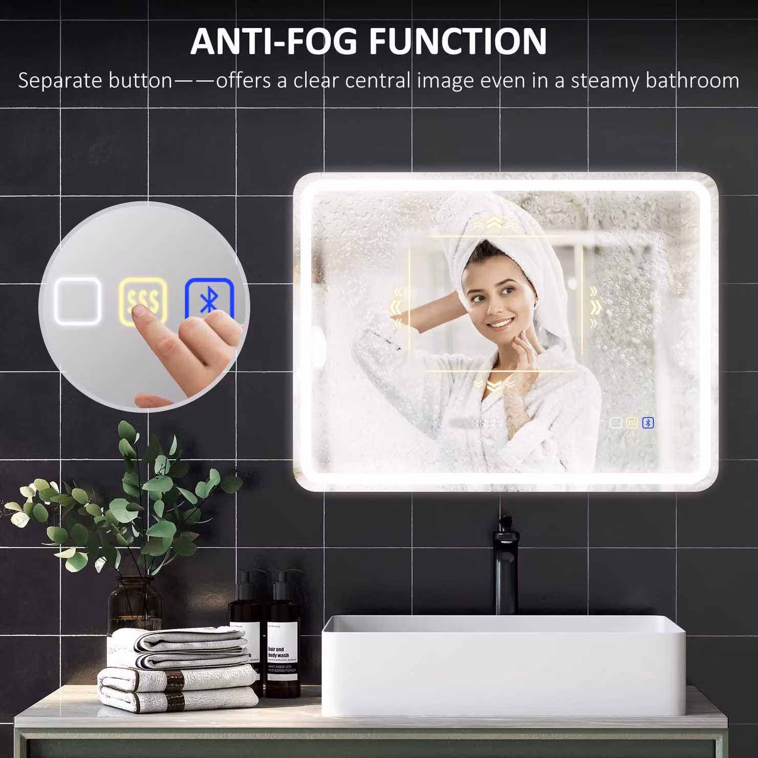 HOMCOM Bluetooth LED Bathroom Mirror with Clock and Anti-Fog Function, Silver Tone, W: 60 cm, H: 80 cm – 7