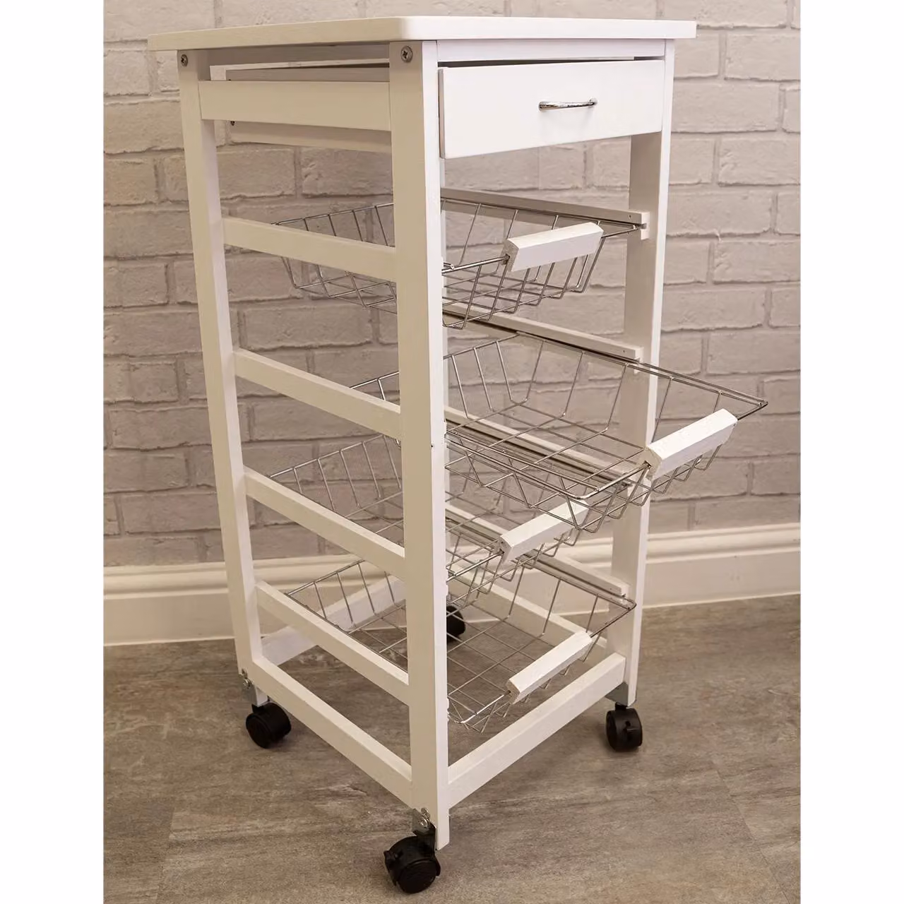 mysmartbuy White Kitchen Storage Trolley Cart with Countertop, Drawer, 4 Pull-Out Baskets and Locking Wheels, H80 x W37 x D37 cm – 2