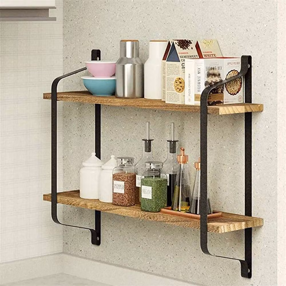 KORVIXA 2 Tier Brown Rustic Wood Floating Bathroom Storage Shelves – 2