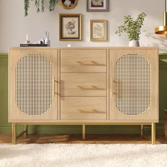 Aosom UK Contemporary Rattan Sideboard in Brown with Woven Rattan-Effect Front and Metal Handles, W: 120 cm, D: 40 cm, H: 74 cm