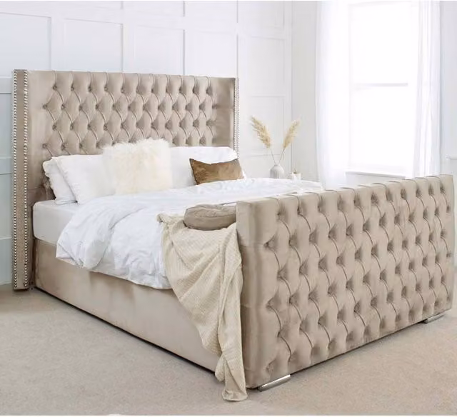Paradise Beds Ltd Beige Velvet Button Ottoman Bed Frame with Storage, King Size