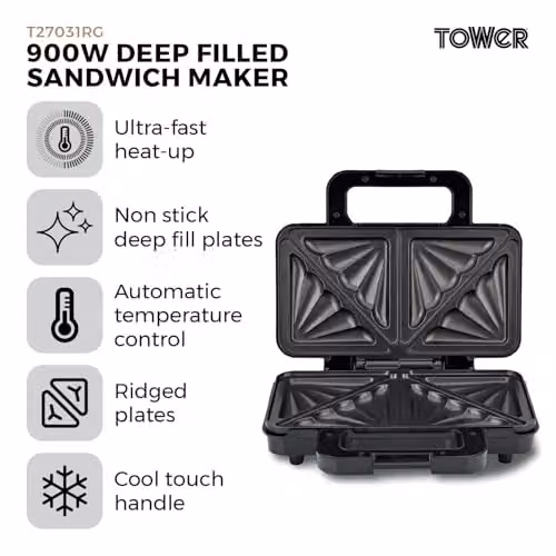 Tower Deep Filled Sandwich Maker with Non-Stick Coated Plates and Auto Shut-Off, 900W, Gold or Black – 2