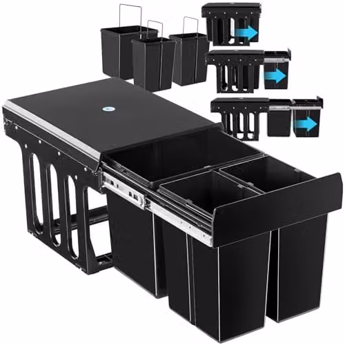 tectake Ashlyn Kitchen Bin with 3 Compartments and Telescopic Rails, Black, 31L Capacity – 1