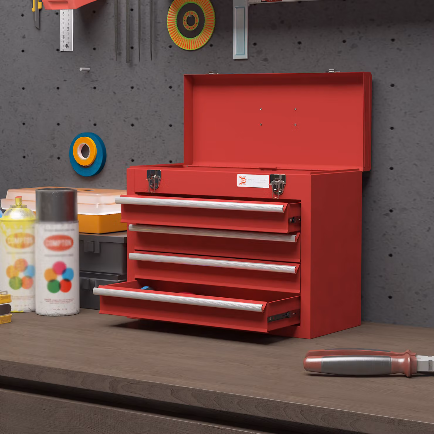 DURHAND Red Metal 4 Drawer Lockable Tool Box with Ball Bearing Runners – 6