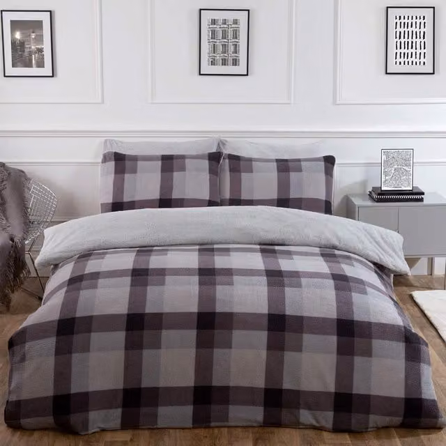 OHS Grey Checked Teddy Fleece Duvet Cover and Pillowcase Set, W: 140 cm, L: 200 cm – 2