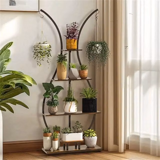 Havendro 5 Tier Rustic Plant Stand with Shelf Hooks in Black