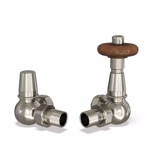 UK Radiators Derry Traditional Silver Nickel Thermostatic Radiator Valve and Lockshield Set with 1/2 BSP 8mm Corner Connection