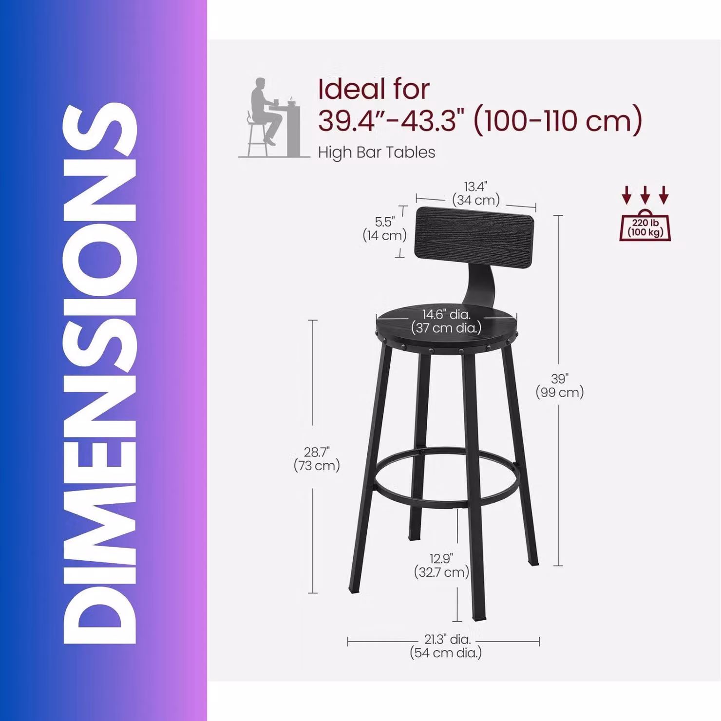 FURNOS Set of 2 Industrial Black Bar Stools with Metal Legs and Backrest – 3