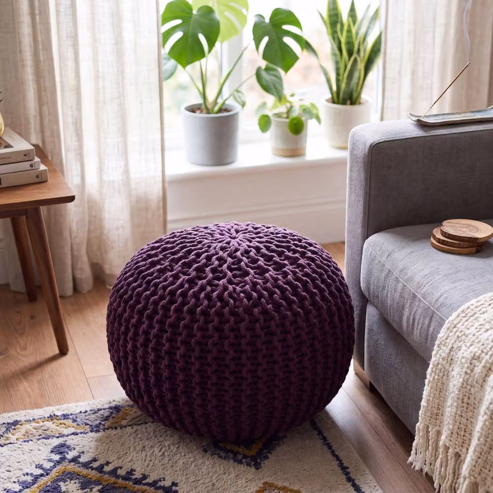 Bravich LTD Chunky Knitted Cotton Round Pouffe Footstool in Purple, Diameter: 50 cm – 3