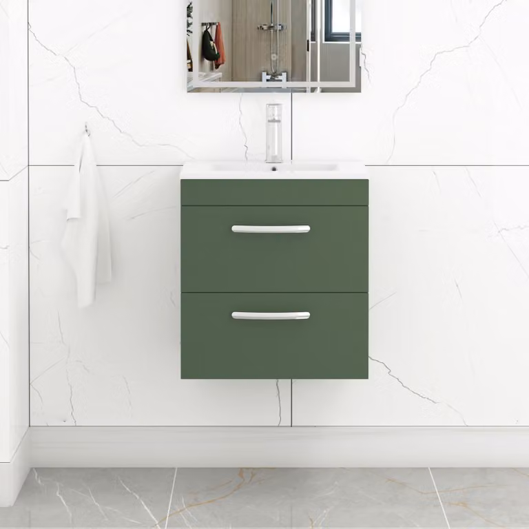 Royal Bathrooms Turin Matt Green 500mm Wall Hung Minimalist 2 Drawer Vanity Unit with Basin