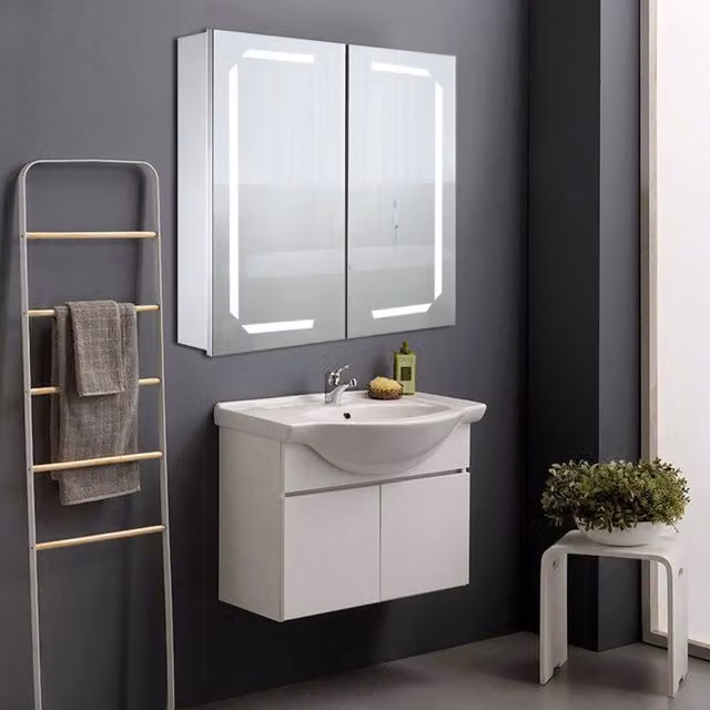 Livingandhome Modern Wall Mounted LED Bathroom Mirror Cabinet with Anti-Fog Function in Silver