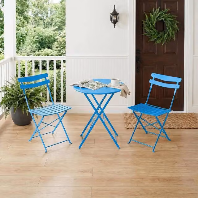 London Boutique 3-Piece Metal Bistro Set with Round Table and 2 Chairs in Matt Blue – 1